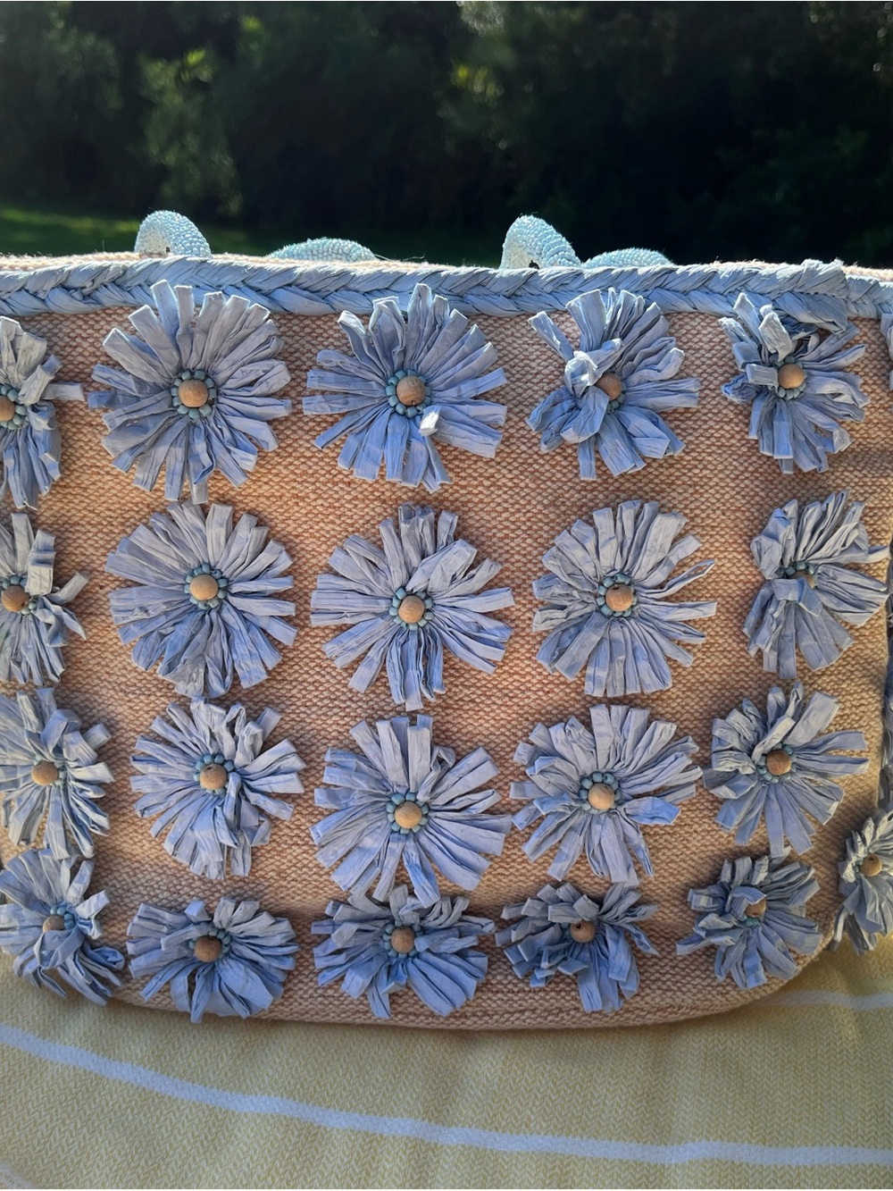 Anthropology Handcrafted Blue Floral Straw Tote Bag